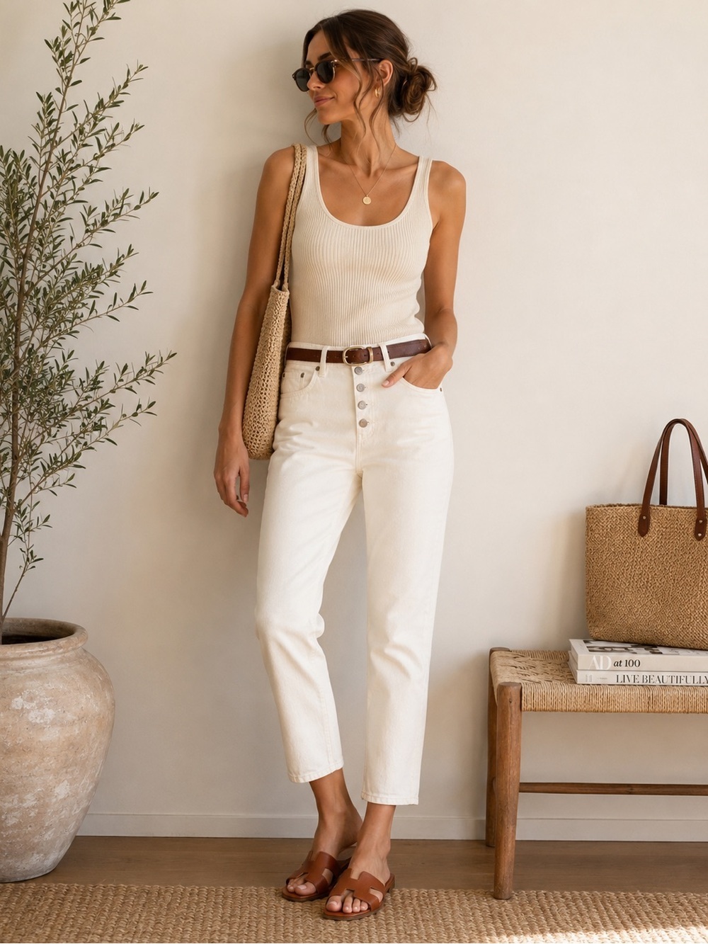 ba&sh AMBER Ecru Button Fly Straight Ankle Jeans French Girl Size 8